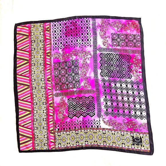 Vintage OSCAR de La Renta Pink Purple Scarf Neckerchief Women Floral Geometric - Picture 5 of 5